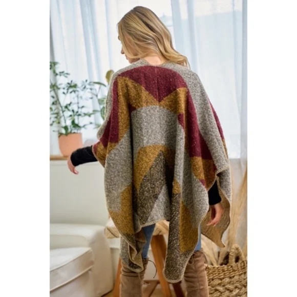 SOLD OUT Wine Multi Color Knit Shawl Open Wrap Geo Block Cardigan Sweater - Picture 8 of 8